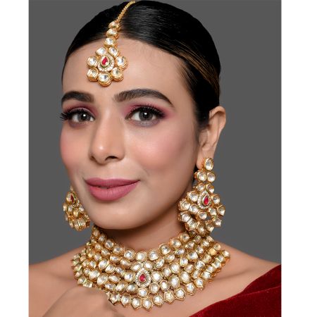 Mirror Stone Choker Necklace Set with Ruby Center and Matching Tikka